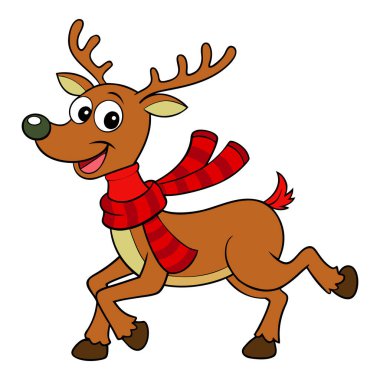 Bu resim, temiz beyaz bir arkaplanda neşeyle koşan neşeli bir ren geyiği tasvir ediyor. Ren geyikleri canlı bir renge bürünür ve ağırlıklı olarak kahverengi bir ceket ile göbeğinde ve yüzünde açık tenli bir gölgeyle tamamlanır.