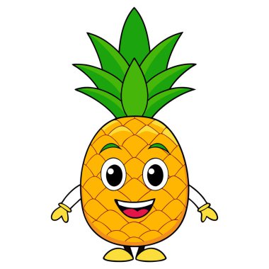 Bu canlı görüntü, temiz beyaz bir arkaplan üzerine kurulu neşeli bir ananas çizgi film karakterini yansıtıyor. Ananas, üzerinde doğal bir dokunuş ekleyen yemyeşil yapraklardan oluşan bir taç bulunan parlak sarı dokulu bir vücuda sahiptir.