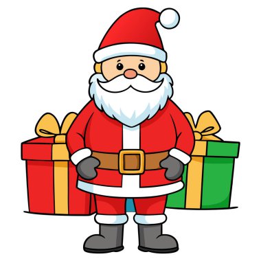 Noel Baba 'nın iki hediye kutusuyla Noel Baba' nın geleneksel kırmızı takım elbisesiyle bembeyaz, altın tokalı ve siyah çizmeli bir siyah kuşakla Noel Baba 'ya neşe ve neşe vermeye hazır olduğu harika bir tasvir.