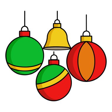 Bu festival illüstrasyonunda canlı bir Noel süsü koleksiyonu ve tasarımlarınıza Noel neşesi katmak için mükemmel bir çan sergileniyor. Gösterişli bir çizgi film stilinde tasvir edilen süsler kırmızı yeşil ve sarı renkler gibi kalın renkler içeriyor.