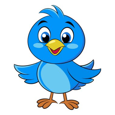 Canlı mavi bir renk şemasına sahip bir karikatür kuşunun büyüleyici bir çizimi el değmemiş beyaz bir arkaplana karşı neşeli bir kuş karakteri parlak sarı gagalı ve büyük anlamlı gözlere sahiptir.