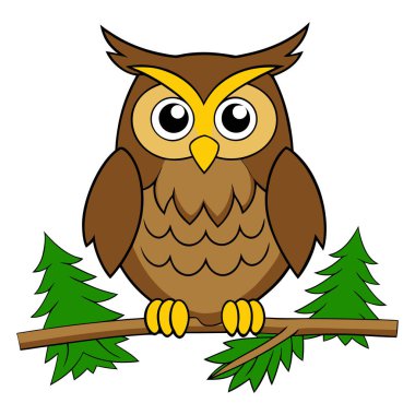 Sevimli bir baykuş çizgi film baykuşu zarif bir şekilde yemyeşil çam ağaçlarıyla çevrili güçlü bir dala tünemiş. Baykuşların özellikleri titizlikle temiz çizgiler ve canlı renklerle işlenmiş. Sevimli ve davetkar bir görünüme sahip.