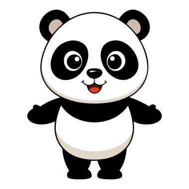 Büyüleyici bir karikatür panda tasviri, beyaz bir zemine karşı dimdik duran sevimli ve kaprisli bir görüntü sunar. Panda, büyük, masum gözler, küçük bir burun ve neşeli bir görünüm gibi abartılı özelliklerle tasvir edilir.