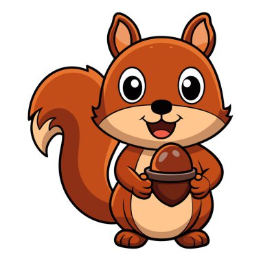 Bu sevimli vektör illüstrasyonunda parlak kahverengi bir palamut tutan sevimli bir sincap beyaz bir arka planda büyük tüylü bir kuyruk ve neşeli bir gülümsemeye sahip ve onu karşı konulamaz bir cazibeye sahip. 