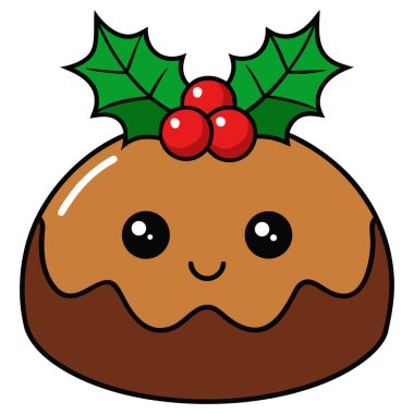 Çekici bir illüstrasyon, tatil temalı tasarımlar ve tebrik kartları için mükemmel bir Noel pudingi sunar. Puding, üzerinde kutsal bir dal ve üç parlak kırmızı böğürtlen ile süslenir. Pudingin büyük şirin gözleri ve kawaii tarzı bir pudingi vardır. 