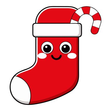 Çekici bir çizgi film illüstrasyonunda hoş bir şeker kamışıyla süslenmiş kırmızı bir Noel çorabı sevimli gözleri ve pembe yanakları olan tuhaf bir gülen yüz klasik kırmızı ve beyaz çizgili şeker kamışı eklenir. 