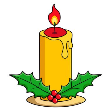 Bu hoş görüntü, tatil neşesinin özünü bir mum ve kutsal meyvelerin büyüleyici bir çizimi ile yakalıyor mum kırmızı bir üst ve titreyen bir alev sarı ve kırmızı şenlikli balmumu damlaları ustalıkla damlıyor