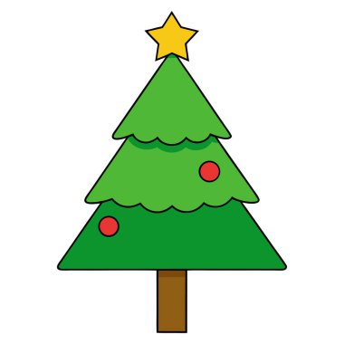 Neşeli bir çizgi film illüstrasyonunda klasik bir Noel ağacı, neşeli elementlerle süslenir. Ağacın kendisi, deniz tarağı kenarlı üçgen katlardan oluşan canlı bir yeşildir. Bu da, neşeli bir el yapımı estetik olduğunu gösterir.