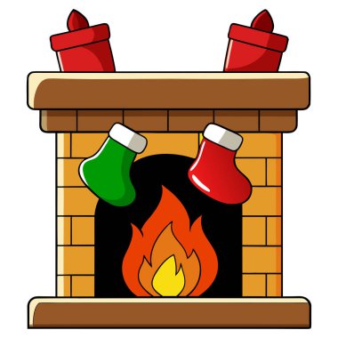 Bu nefis resimde, Noel süsleriyle süslenmiş bir karikatür şöminesi var. İçinde ateş saçan tuğladan bir şömine var. Şömine rafı iki kırmızı hediye kutusuyla süslenmiş.