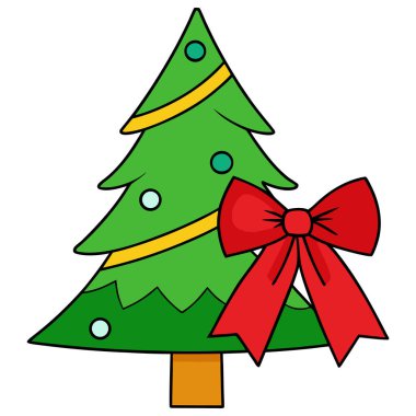 Renkli süslemeler ve canlı kırmızı bir fiyonk ile süslenmiş şık bir Noel ağacını gösteren büyüleyici bir karikatür karikatürü. Bu tuhaf görüntü tatil sezonunun ruhunu çağrıştırıyor ve neşe ve neşe saçmak için mükemmel.