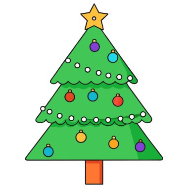 Canlı ve neşeli bir Noel ağacı illüstrasyonu, tatil sezonunun özünü yakalar. Şekillendirilmiş ağaç, her biri küçük beyaz ışıklarla süslenmiş üç farklı yeşil katman içerir. Parlaklık ve sıcaklık katar.