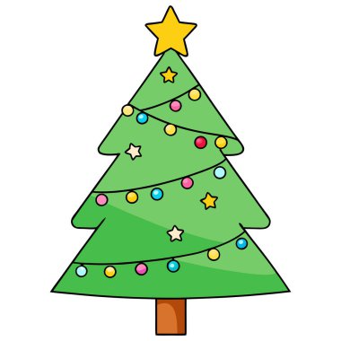 Renkli süslemelerle süslenmiş ve parlak sarı bir yıldızla süslenmiş klasik bir Noel ağacının neşeli bir çizimi. Ağaç basit ama büyüleyici bir dizaynla stilize edilmiş. Tatil temalı grafikler ve dekorasyonlar için mükemmel.