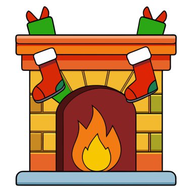 Noel çorapları ve hediyeleriyle süslenmiş neşeli ve davetkar bir şömine görüntüsü. Şömine, çizgi film tarzında parlak ve neşeli renklerle anında sıcak ve hoş bir bayram atmosferi yaratıyor. İki kırmızı ve dev.