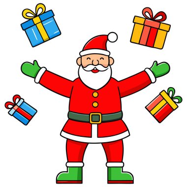 Bu güzel çizgi film resimlerinde neşeli bir Noel Baba var. Kollarını uzatmış canlı renkli Noel hediyelerle dolu. Noel Baba ikonik kırmızı elbisesini giymiş, beyaz kürklü ve spor yapıyor.