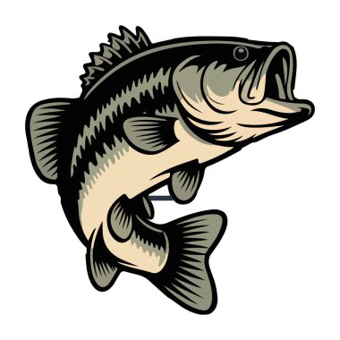 Bu göze çarpan grafiksel çizim, kalın siyah çizgiler ve ince gri tonlamayla kendine özgü bir çizgi film tarzında sıçrayan bir levrek balığını tasvir ediyor.