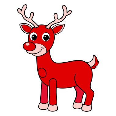 Kırmızı burunlu bir ren geyiğinin neşeli ve canlı bir tasviri çeşitli yaratıcı projeler ve tatil temaları için mükemmeldir. Bu çizgi film geyiği, büyük gözleri ve parlak kırmızı burunlu arkadaşça görünüşlü, ayakta duran bir pozisyonda tasvir edilir.