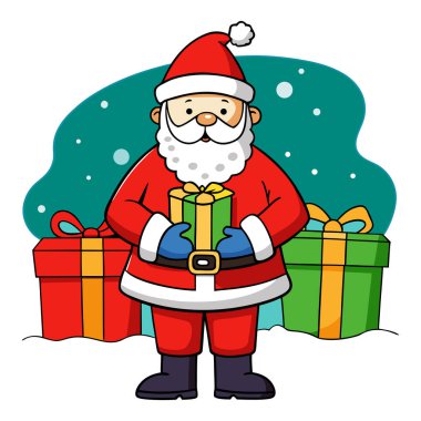 Bu tuhaf illüstrasyon Noel Baba 'yı geleneksel kırmızı elbisesi ve şapkasıyla tasvir ediyor. Beyaz tüylü, neşeli bir yüzü var. Elinde altın bir kurdeleyle süslenmiş yeşil bir hediye kutusu duruyor.