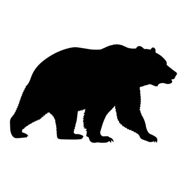 Bir ayının çarpıcı bir silueti, temiz beyaz bir arkaplana karşı, ayı güçlü yapısını ve kendine güvenini sergileyerek ortaya çıkıyor. Katı siyah renk şeklini vurguluyor ve çeşitli d 'ler için uygun cesur bir grafik yaratıyor.