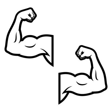 Güç ve zindelik iletmek için tasarlanmış iki biseps kaslı vektör ikonunun yer aldığı ilüzyon. İkonlar, kasların tanımını ve dayanıklılığını vurgulayan kolları öne çıkan esnek kolları sergiliyor.