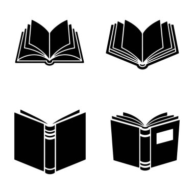 Bu resim, dört farklı kitap ikonundan oluşan bir set sergiliyor. Her simge, açık bir kitabın farklı bir bakış açısını ya da tarzını temsil ediyor. Minimalist tasarım, onları eğitim gibi çeşitli kullanım alanları için çok yönlü kılıyor.