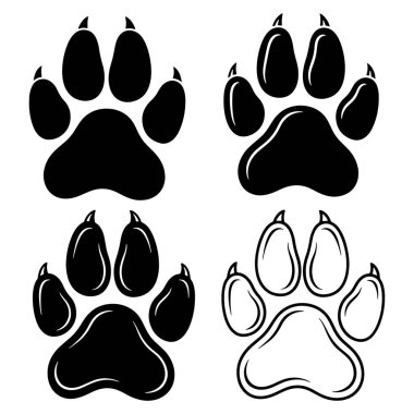 Bu resim dört farklı pençe izi gösterir. Her biri kendi eşsiz stil ve gösterimi ile. Pençe izleri temiz beyaz bir arkaplan karşısında ayarlanır.