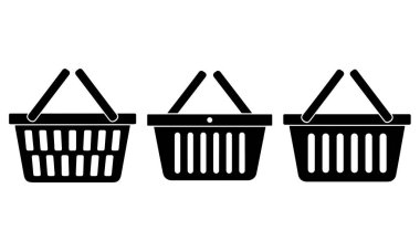 Üç alışveriş sepeti yatay olarak beyaz bir arkaplan üzerine dizilmiştir. Temiz, minimal bir grafik oluşturur. Alışveriş sepetleri, basitlik ve işlevsellik hissi veren siyah siluetlerdir. 