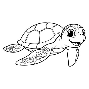 Sevimli bir çizgi film illüstrasyonunda büyüleyici bir deniz kaplumbağası titizlikle saf beyaz bir zemin üzerine çizilmiş sevimli bir gülümseme ve büyük anlamlı gözler dikkatleri üzerine çekerek ona yaklaşımlı ve misafirperver bir aur sunar.