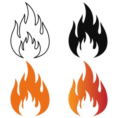 Bu resim, her biri farklı bir görünüm ve renk şemasına sahip biçimlendirilmiş ateş illüstrasyonlarının bir derlemesini içerir. Set basit bir siyah ana hatlı alevi, katı siyah alevi, turuncu alevi ve parlak turuncu turuncudan kırmızı gradyan alevi içerir.