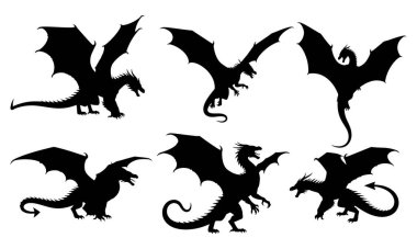 Bu çarpıcı illüstrasyonda ejderha siluetleri sergileniyor. Her biri bu efsanevi yaratıkların gizemini ve gücünü özenle somutlaştırmak için yapılmış. Temiz beyaz bir arkaplan üzerine kurulmuş siyah ejderha siluetleri keskin lin ile göze çarpıyor.