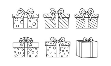 Dekoratif fiyonklarla süslenmiş altı hediye ya da hediyenin her kutunun kendine has desenleri vardır. Noeli ya da şenlikli bir kutlamayı temsil etmek için her biri üç sıra ikişer sıra dizilmiş noktalar ve çizgiler. 