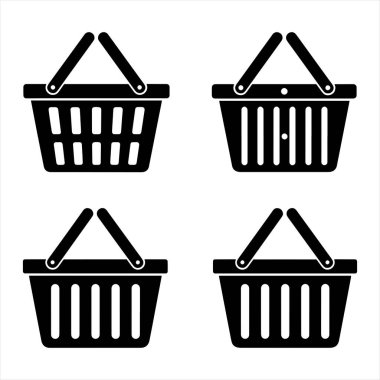 Bu resim, beyaz arkaplana karşı temiz siyah bir siluette yapılmış dört farklı alışveriş sepeti simgesi sunar. Her sepet sete biraz daha farklı dikey çubuklar eklenir. Simgeler kolayca yeniden dizayn edilmek üzere tasarlanır.