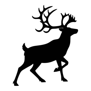 Çarpıcı bir ren geyiği silueti etkileyici boynuzları temiz beyaz bir zemin üzerinde belirgin bir şekilde sergileniyor. Bu görüntü vahşi bir kış ve tatil sezonu hissi uyandırıyor. Ren geyikleri biçimi, hareketli bir duruş izlenimi uyandırıyor.