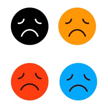 Bu resim farklı renklerde gösterilen üzgün duygu simgelerinin bir derlemesini içerir. Bu simgeler, alt üst olmuş kaşları ve üzgün hayal kırıklıklarını veya hoşnutsuzluklarını ifade eden somurtkan ağızları olan basit bir çemberden oluşur. Renkler siyah turuncu kırmızıyı içerir.