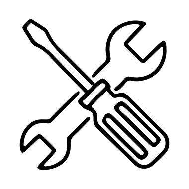 Minimalist bir çizgi, bir tornavida ve ingiliz anahtarının birleşmiş bir sembol olarak gösterilmesi araçları ve bakımı temsil eder. Beyaz arkaplana karşı katıksız siyah çizgiler, hem basit hem de etkili yüksek kontrastlı bir görsel yaratır.