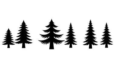 Bu illüstrasyonda bir dizi kozalaklı ağaç, beyaz bir arkaplan karşısında bir araya getirilmiş. Yeşil ağaçların boyutları ve şekilleri sürekli değişiyor. Olay yerine derinlik ve görsel ilgi ekliyorlar.