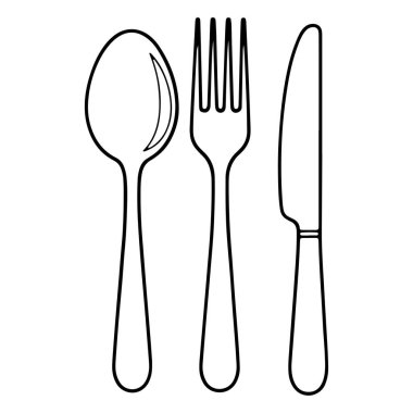 Bu resim, kaşıkla çatal ve bıçakla yan yana dizilmiş çatal ve bıçaktan oluşan bir yemek takımının temiz ve minimalist bir taslağını sunar. Beyaz arkaplandaki basit siyah çizgiler, her birinin zarif şekillerini vurgulayan katıksız bir kontrastlık yaratır.