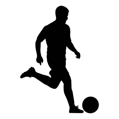 Bu görüntü, futbol topunu tekmeleyen bir futbolcunun siluetini, temiz beyaz arkaplana karşı saf siyah silueti, oyuncuların formunu ve sporun dinamiklerini vurgulayan çarpıcı bir kontrast yaratıyor.