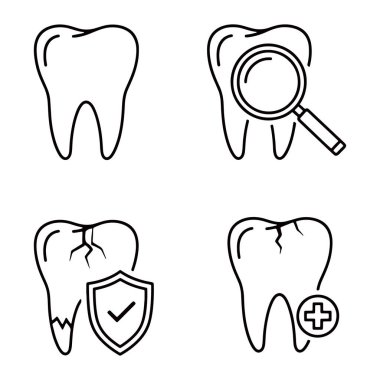 Bu resim, diş sağlığı ve hijyenle ilgili çeşitli uygulamalar için mükemmel bir şekilde sunulan dört farklı diş bakımı ikonundan oluşan bir set sunar.