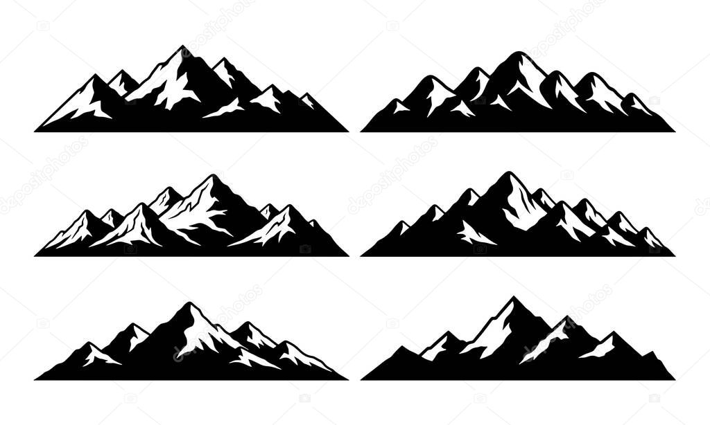 A striking vector set featuring six distinct mountain range silhouettes perfect for a variety of design projects These highcontrast black and white illustrations are ideal for representing nature adventure tourism travel or outdoor recreation The col