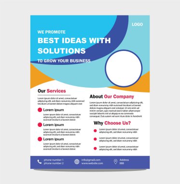 Bu şirket hizmetlerini ve çözümlerini desteklemek için tasarlanmış bir iş broşürü broşürü. Broşürde bir logo için bir yer tutucu içeren mavi ve turuncu renkli bir şema yer alıyor. Ana içerik bölümlere bölünmüş durumda.
