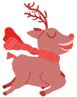 El çizimi neşeli ren geyiği maskotu kırmızı fular ve boynuzlarla koşuyor. Şirin, pembe renkli bir çizgi film ren geyiği maskotu, basit ama anlamlı kapalı gözler, hafif bir gülümseme, stilize kırmızı boynuzlar, boynunda sıcak kırmızı desenli bir atkı.