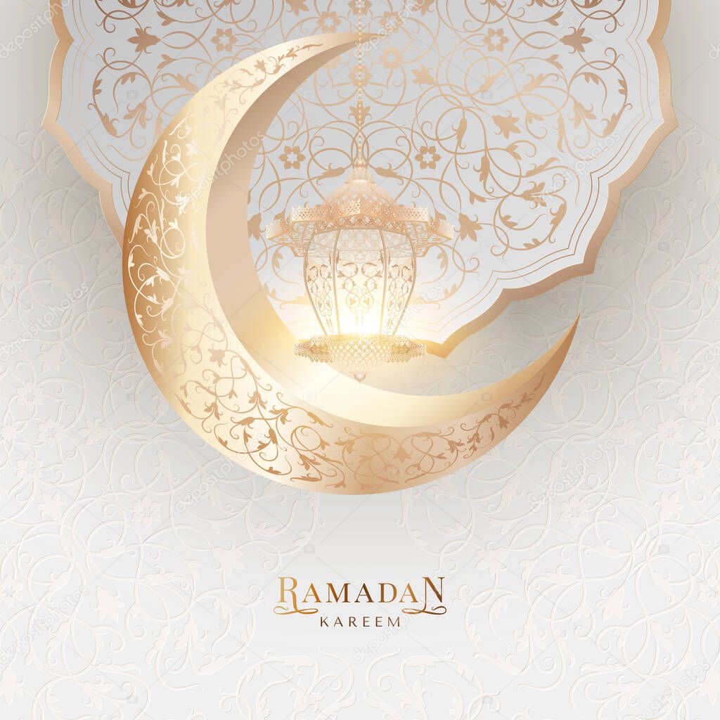 Ramadan Kareem background with moon and lantern with light and golden pattern