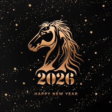 İçinde yıldızlı ve parıltılı bir arka planda dalgalı yelesi olan bir at kafasının altın rengi silueti olan mutlu yıllar 2026 tebrik kartı. Vektör illüstrasyonu