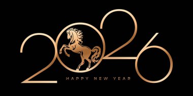 Yeni yılın sembolü, 2026 altın sayısının içinde dalgalanan yeleli bir at siyah arka planda yükseldi.