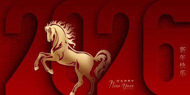 Yeni yılın sembolü, 2026 kırmızı sayıları içinde dalgalanan yeleli bir at. Çince mesaj: Mutlu yıllar