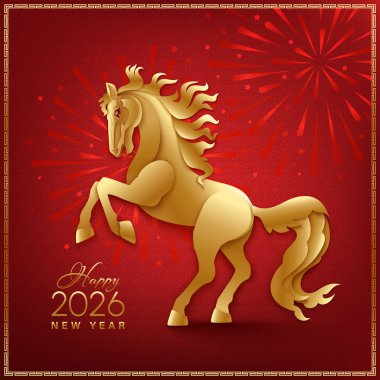 The symbol of the new year 2026 is a horse with a flowing mane in layered cut out style on a red patterned background with clouds. The text in Chinese reads: 