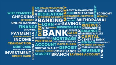 Bank Word illüstrasyon, bankacılık ve finans Kelime Bulutu tasarımı müşteri, gelir, tasarruf ve banka konsepti ile