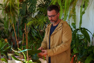 Gözlüklü bir adam saksı bitkisinin yaprağını inceliyor, sağlığına ve çeşitli yeşil bitkiler arasındaki büyümesine odaklanıyor.