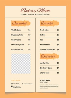Modern Fırın Menü Şablonu Düzenlenebilir Kek, Tatlı ve İçecek Menüsü Tasarımı