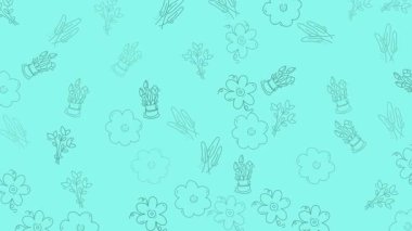 Tekrarlayan Çiçek ve Nesne Özeti ile Açık Mavi Arkaplan.